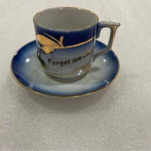 Antique “Forget Me Not” Petite Teacup and Saucers Flow Blue White Gold Accents